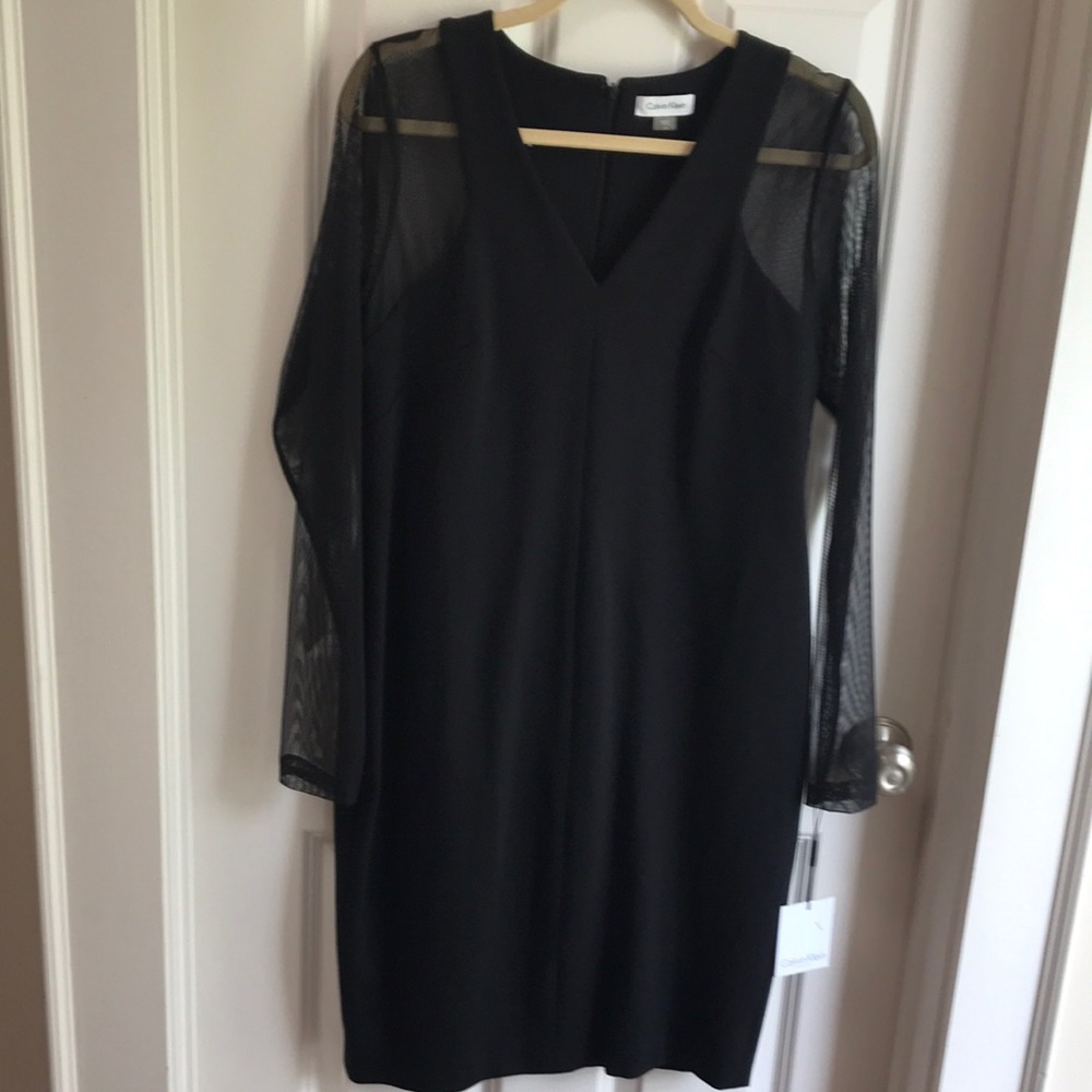 Calvin Klein Sheer Sleeve Little Black Dress, 12 NWT